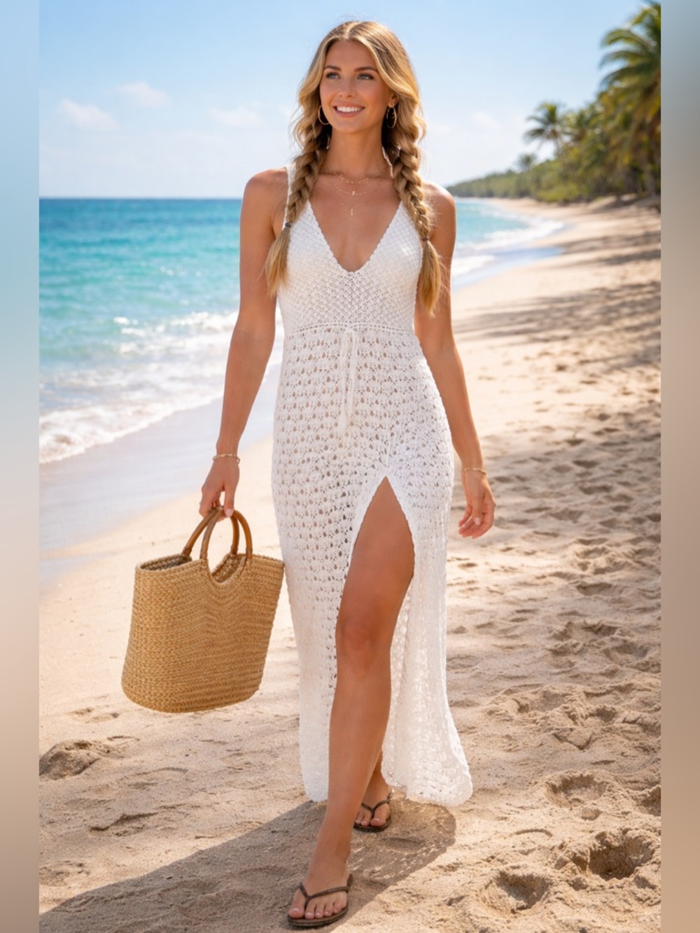 Crochet Beech Cover Up white/ beautiful pattern with slit  V-neck Kaftan M/L